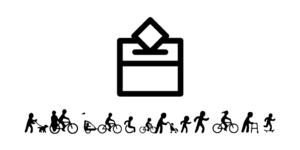 Image of a voting box and people using all forms of active transport